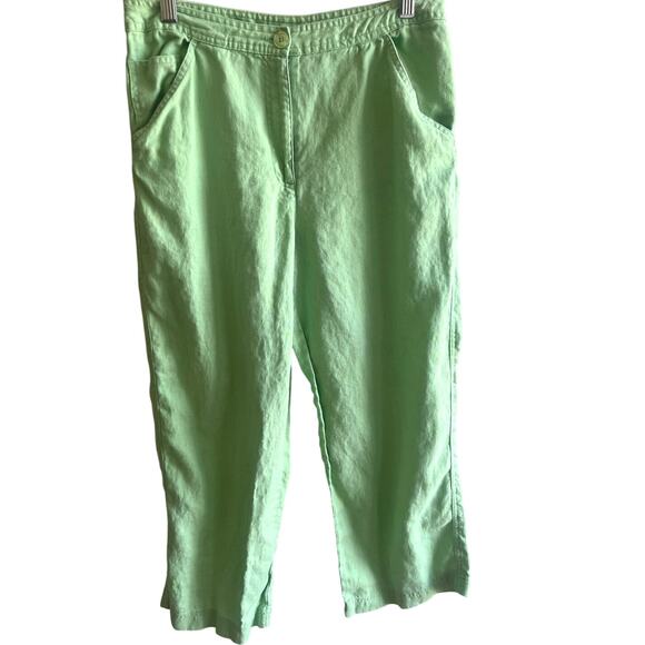 Y2K‎ 100 Linen Cropped Pants Green Preppy Resort Coastal Style Size 8 - Picture 1 of 5